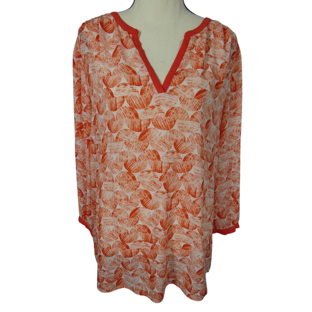 NYDJ Women's Large Tunic Top Long Sleeves Lightweight Geometric V-Neck